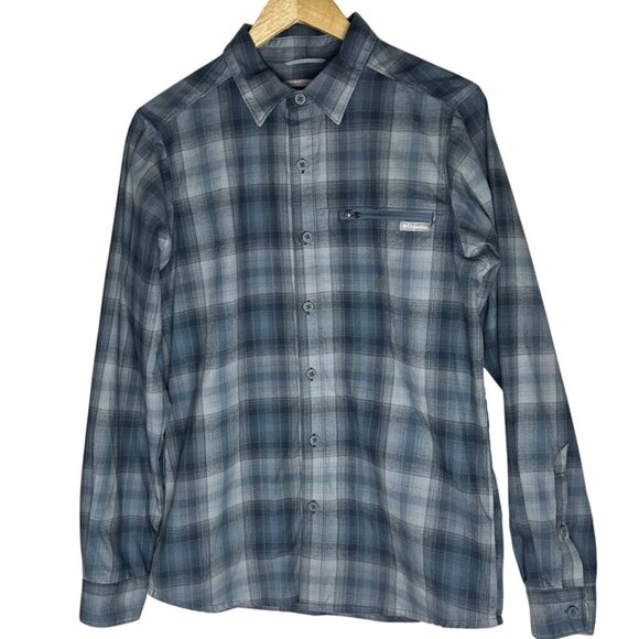 Columbia Men's Small Button Up Plaid‎ Blue Long Sleeve Omni Wick Omni Shade - Picture 1 of 5